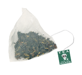 Darjeeling leaf tea in silky teabag with Tea From The Manor logo 